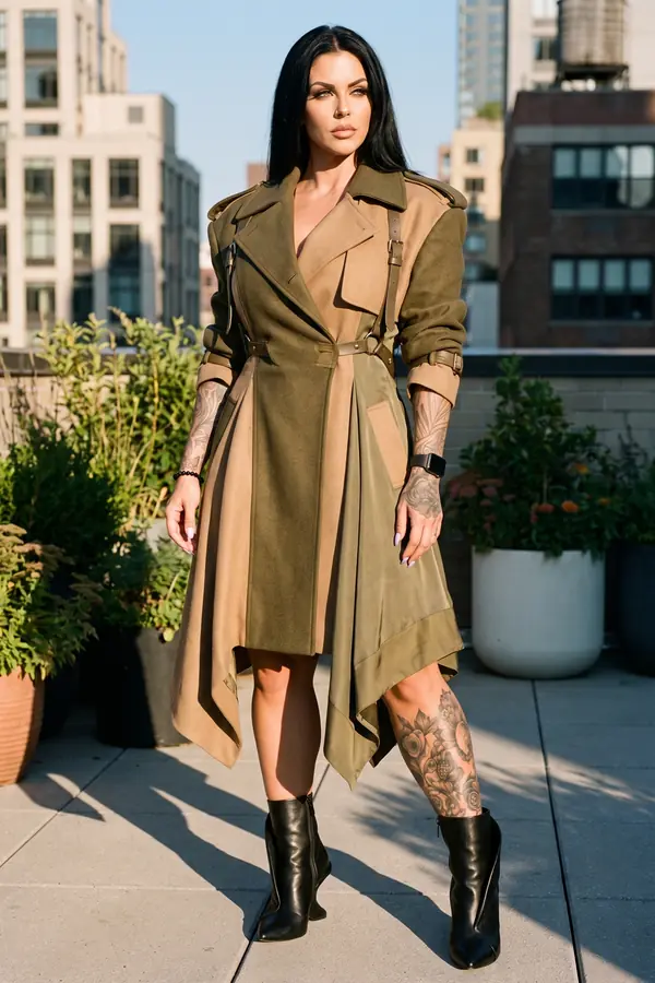 Woman in an olive and camel patchwork trench coat with a brown leather shoulder-strap belt and black ankle boots on a rooftop