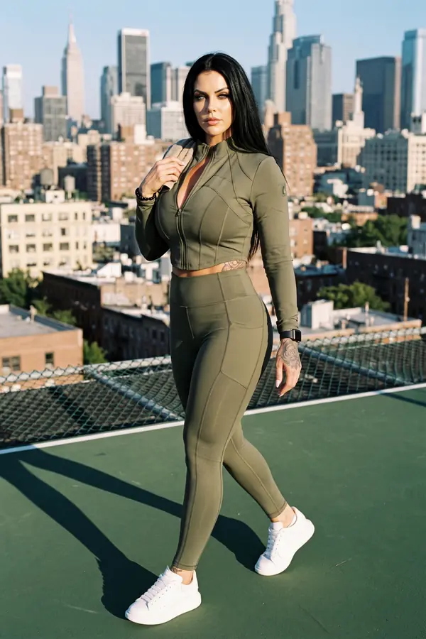 Woman in an olive cropped zip-front jacket and matching leggings with white trainers walking on a rooftop court