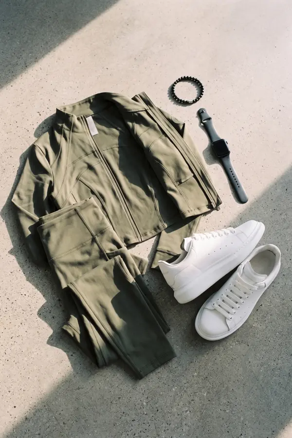 still life: Olive zip-front cropped jacket and matching leggings