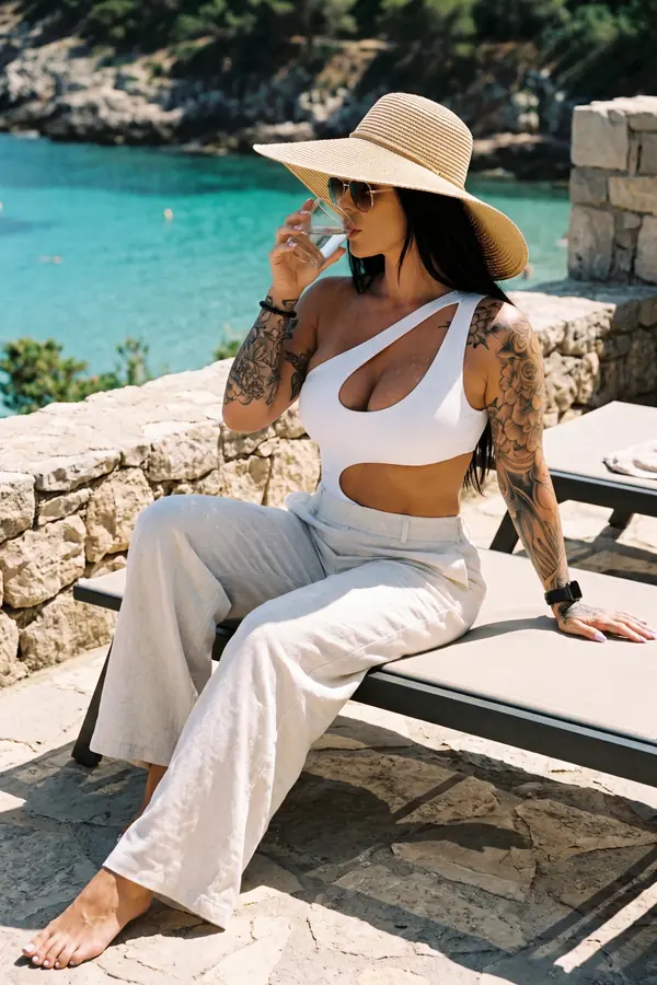 Woman in a white one-shoulder cut-out bodysuit, linen wide-leg trousers and straw hat on a stone terrace above a cove