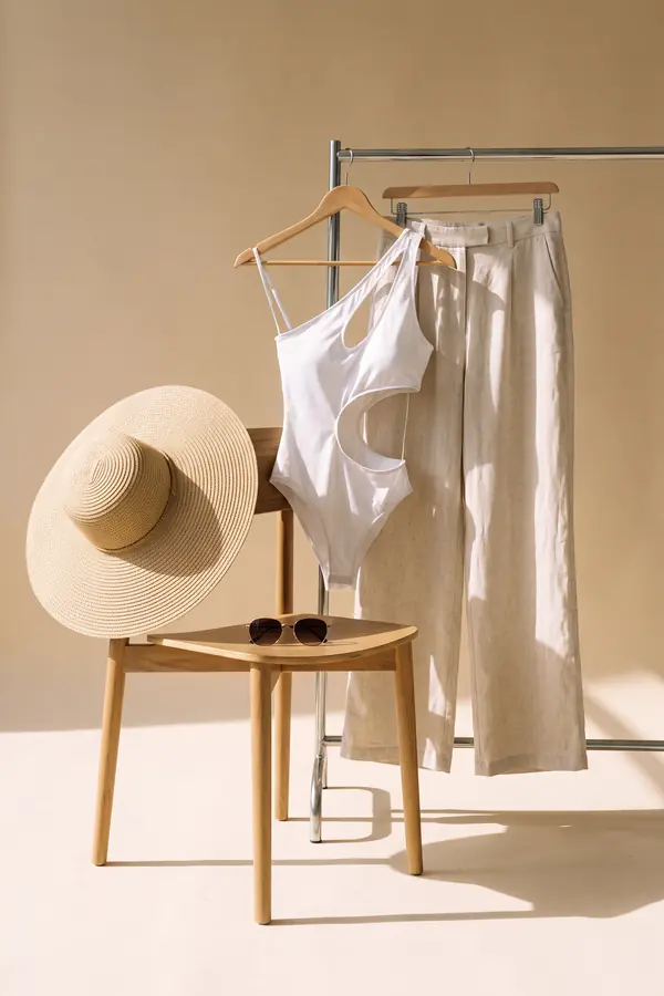 still life: One-shoulder cut-out bodysuit with linen wide-leg trousers