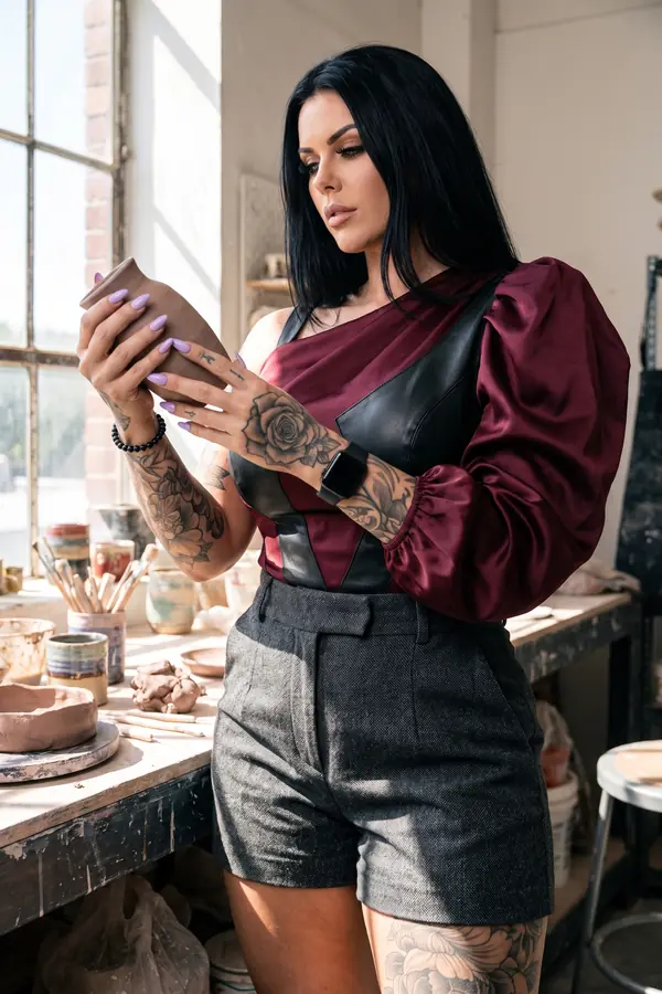 Woman in a burgundy satin one-shoulder top with leather panels and charcoal tweed shorts holding a clay pot in a studio