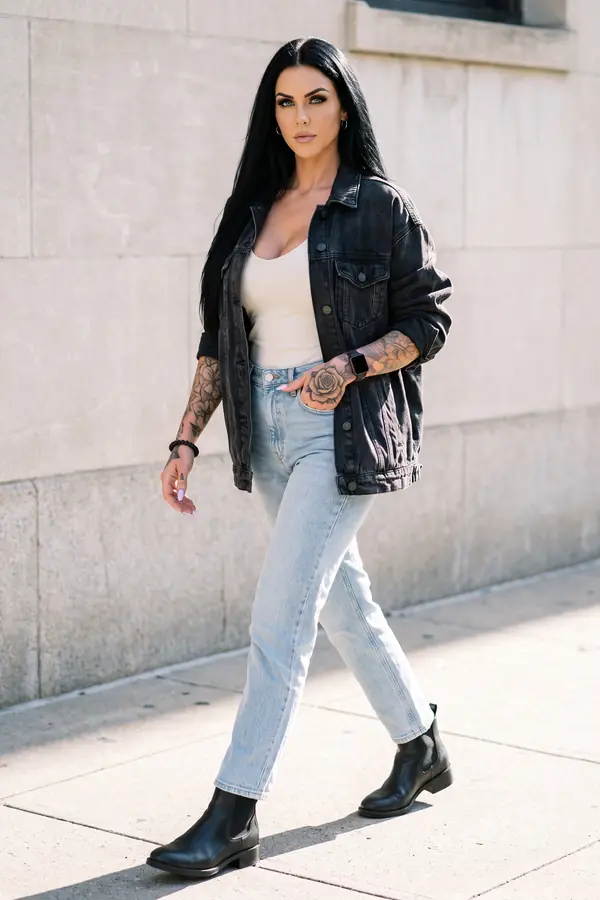 Woman walking in an oversized black denim jacket, cream tank, light-wash straight jeans and black chelsea boots