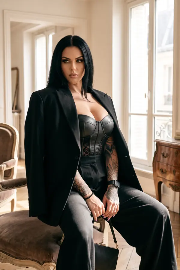 Woman in an oversized black blazer over a leather and lace bustier and charcoal wide-leg trousers, seated in an apartment