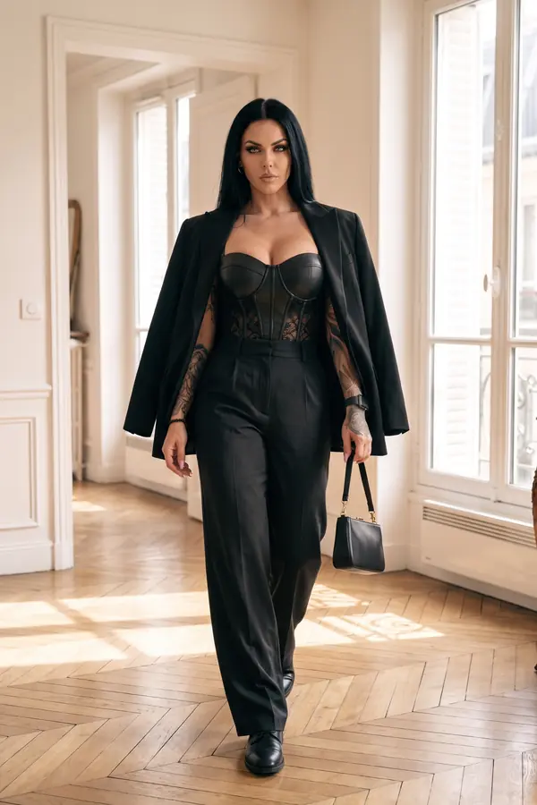 in motion: Oversized blazer over a leather and lace bustier