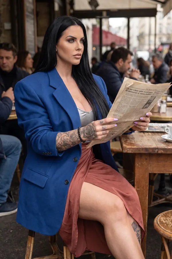 Woman in an oversized cobalt blazer, silver camisole and terracotta satin wrap skirt seated at a sidewalk cafe