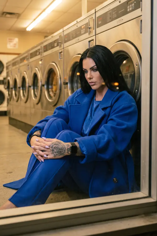 Woman in an oversized cobalt wool coat and cobalt trousers sitting on a laundromat floor against a row of dryers