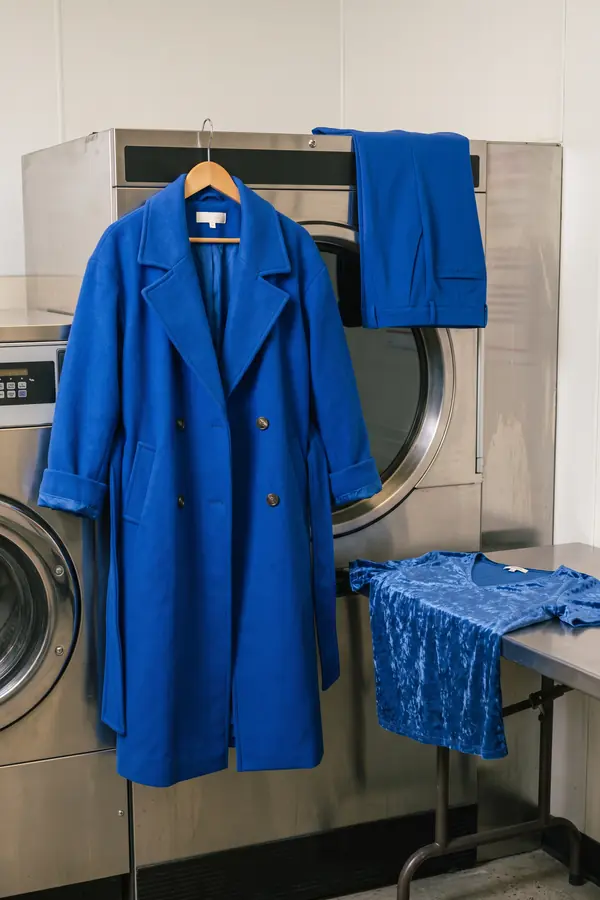 still life: Oversized cobalt wool coat with matching trousers