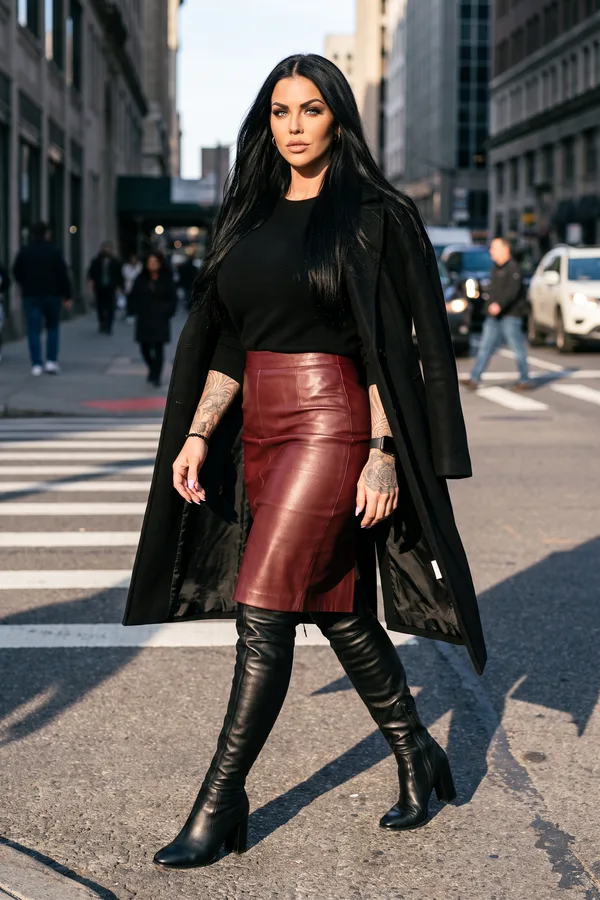 Woman crossing a city street in an oxblood leather pencil skirt, black knit, over-the-knee boots and a black wool coat