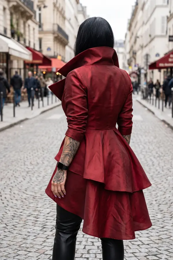 Woman from behind in an oxblood taffeta coat with a tall collar and tiered hem, black leather trousers, cobbled street