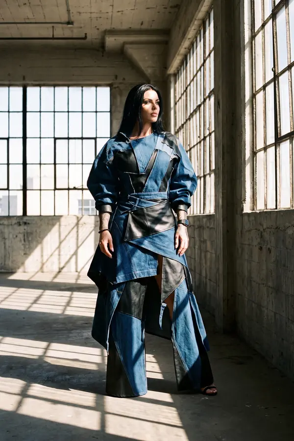 Woman in a patchwork denim and leather balloon-sleeve top, wrap belt, wrap skirt and wide trousers in a sunlit loft