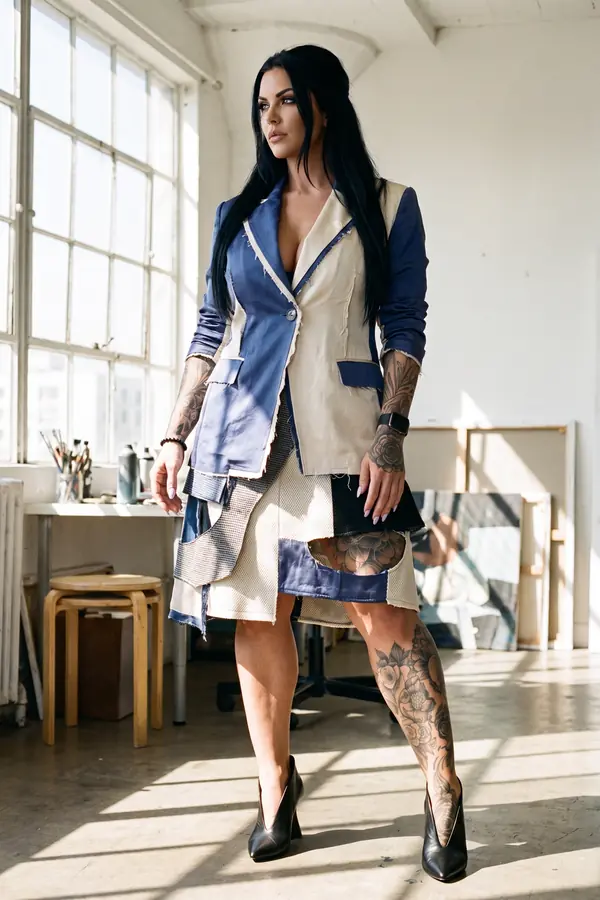 Woman in a patchwork raw-edge blazer in blue satin and cream cotton with a mixed-panel skirt in a sunlit artist studio