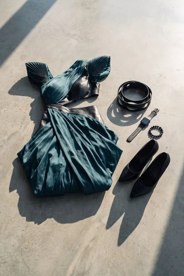 still life: Petrol satin and leather gown with pleated shoulders
