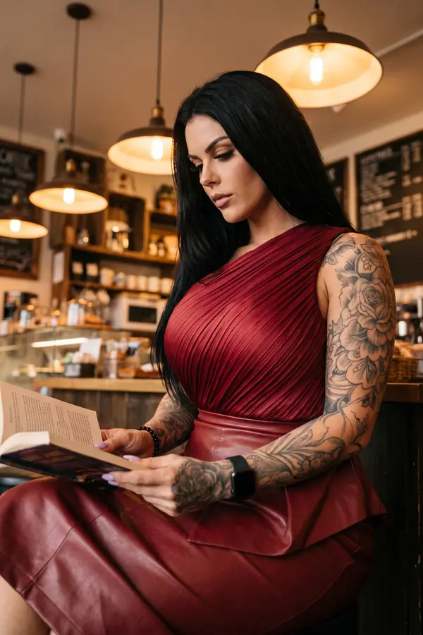 Woman seated in a cafe reading a book, in a red pleated one-shoulder top and red leather pencil skirt