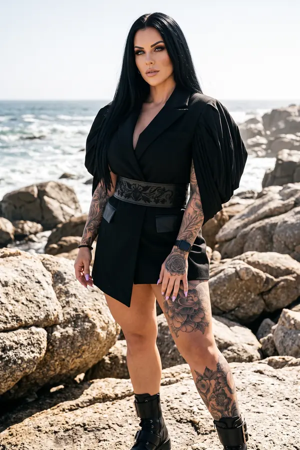 Woman in a black blazer dress with pleated balloon sleeves, wide embossed belt and combat boots on a rocky shore