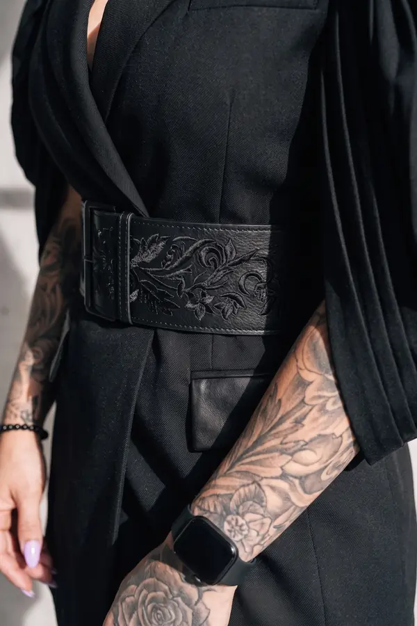 detail: Pleated-sleeve blazer dress with embossed leather belt