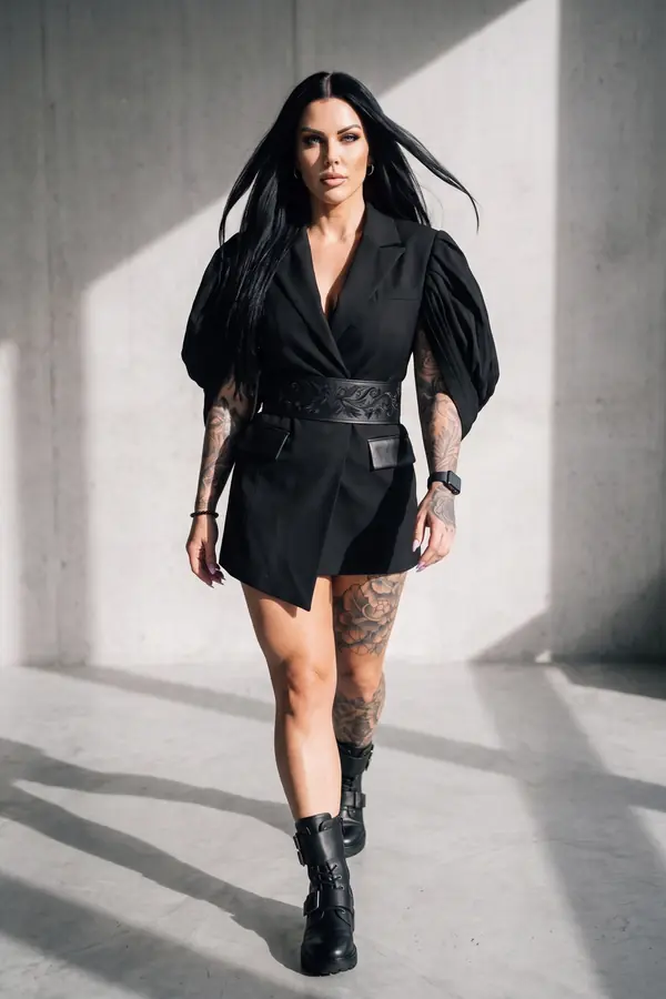 in motion: Pleated-sleeve blazer dress with embossed leather belt