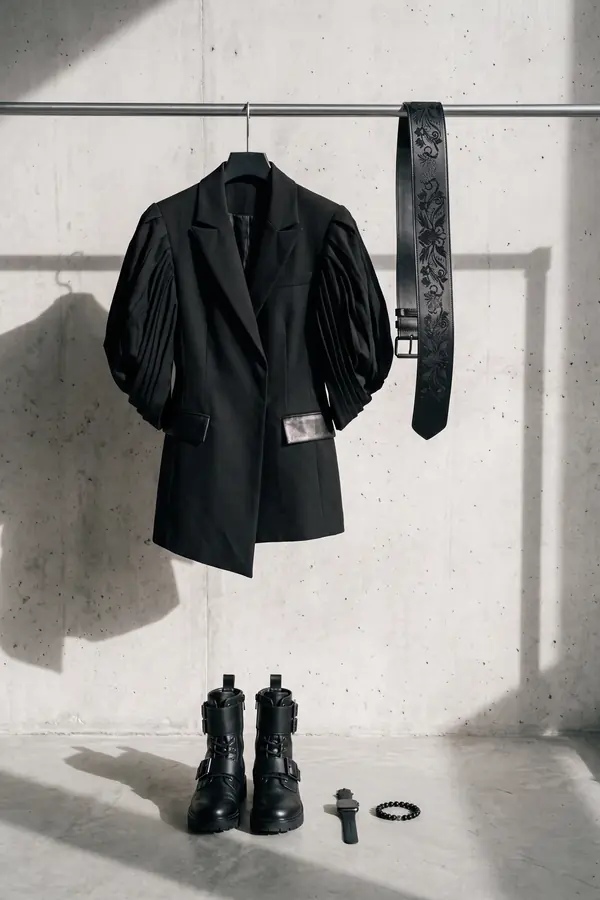 still life: Pleated-sleeve blazer dress with embossed leather belt