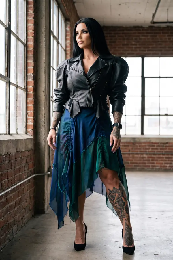 Woman in a black leather puff-sleeve biker jacket and a layered blue and green chiffon handkerchief skirt in a brick loft