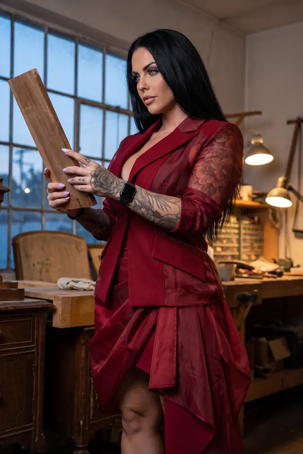 Woman in a crimson blazer with organza sleeves and a layered organza handkerchief skirt in a workshop at dusk