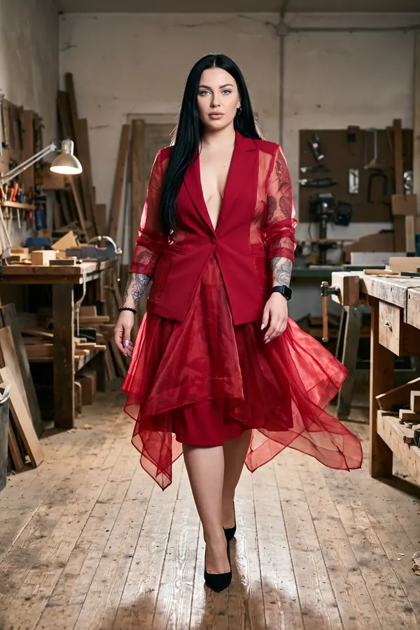 in motion: Red crepe blazer with organza sleeves and layered skirt