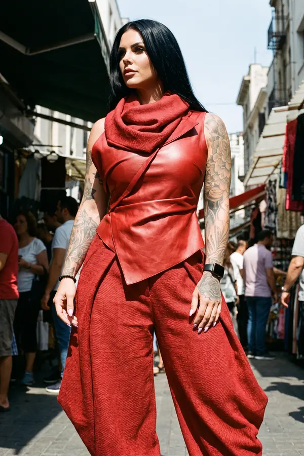 Woman in a red leather wrap top with a woven cowl collar and red linen wide-leg trousers standing in a busy street market