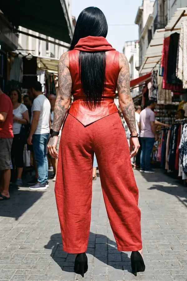 back & profile: Red leather wrap top and linen wide-leg trousers
