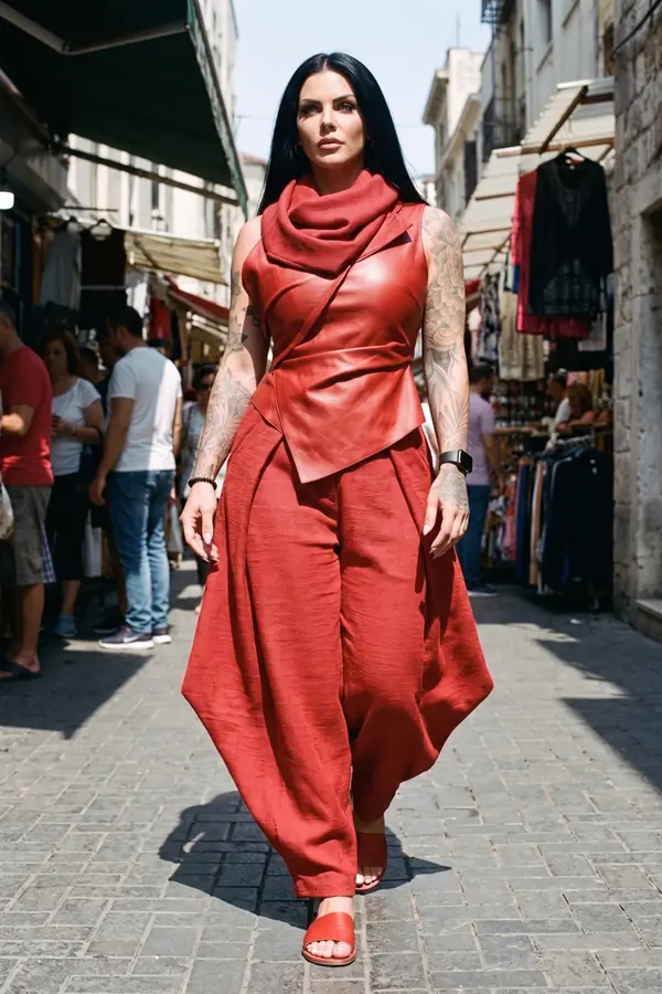 in motion: Red leather wrap top and linen wide-leg trousers