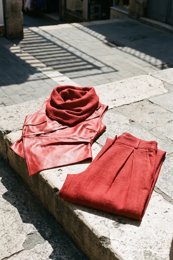 Woman in a red leather wrap top with a woven cowl collar and red linen wide-leg trousers standing in a busy street market