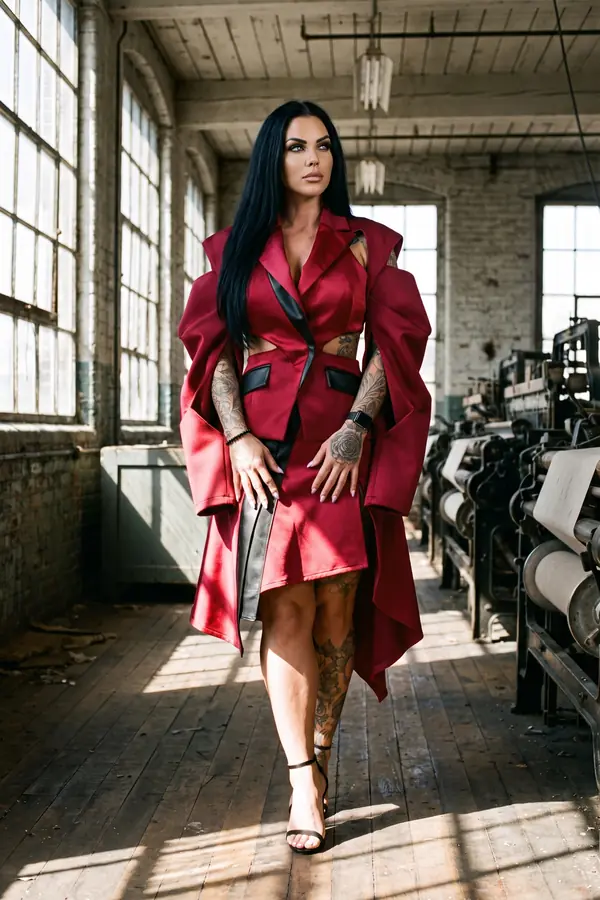 Woman in a red satin blazer dress with black leather trim and cape sleeves walking through an old textile mill