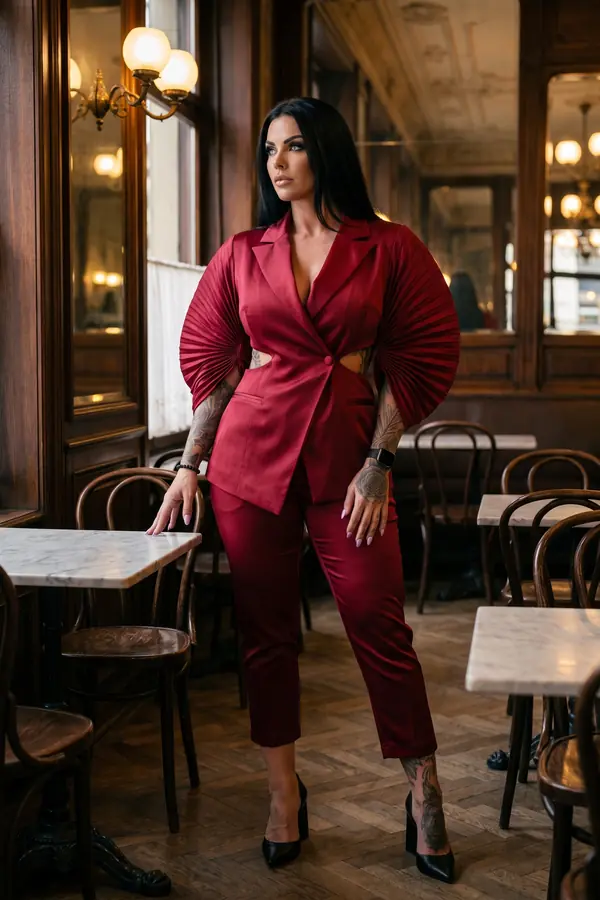 Woman in a red satin blazer with pleated fan sleeves and cropped red satin trousers standing in a wood-panelled café