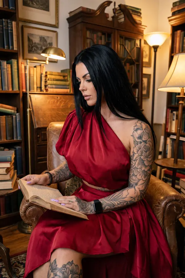 Woman in a red satin one-shoulder crop top and matching midi skirt reading in a leather armchair in a book-lined study