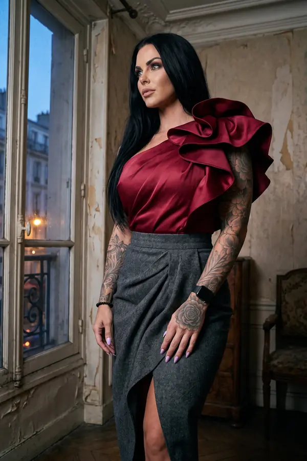 Woman in a red satin one-shoulder ruffle top and a grey herringbone wrap skirt by a window in a room with peeling walls