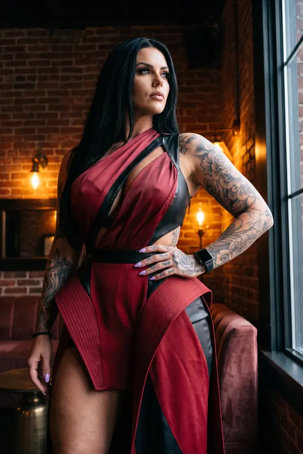 Woman in a red suede one-shoulder gown with black leather panels and quilted hip flaps standing in a brick-walled bar