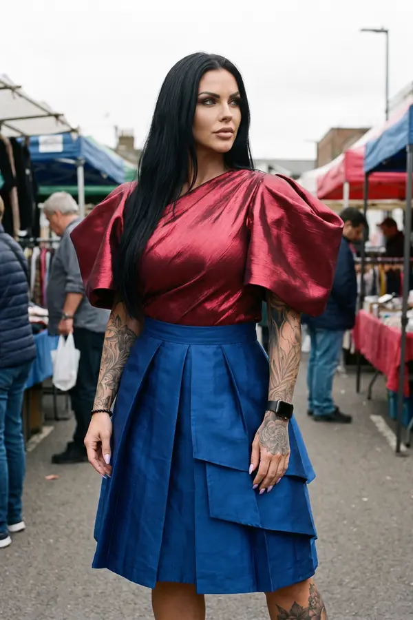 Woman standing in a street market in a red taffeta top with oversized puff sleeves and a cobalt box-pleated skirt