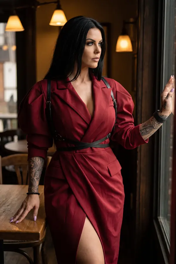Woman in a red wool blazer dress with puffed sleeves and a black leather strap belt at a cafe window under warm lamps