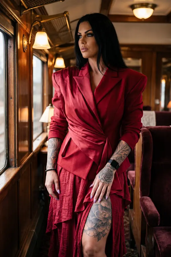 Woman in a red wrap blazer and tiered red gauze skirt standing by the window of a wood-panelled train carriage