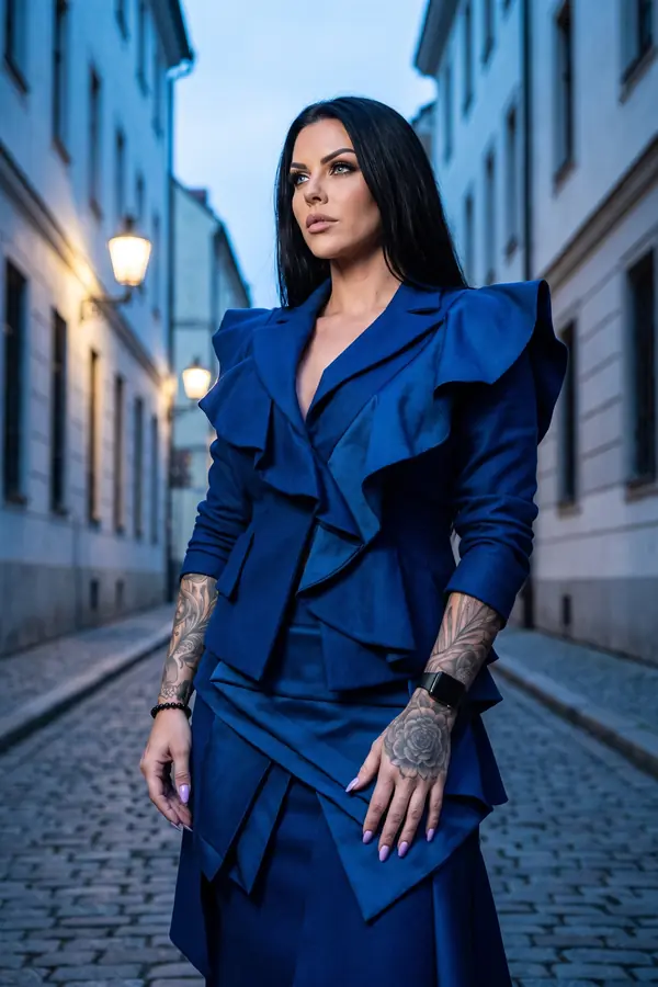 Woman in a royal blue ruffle-lapel blazer and folded origami skirt standing in an old town street at dusk