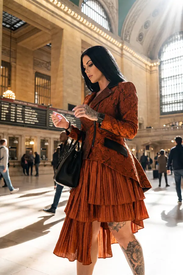 in motion: Rust brocade zip jacket with a tiered pleated skirt