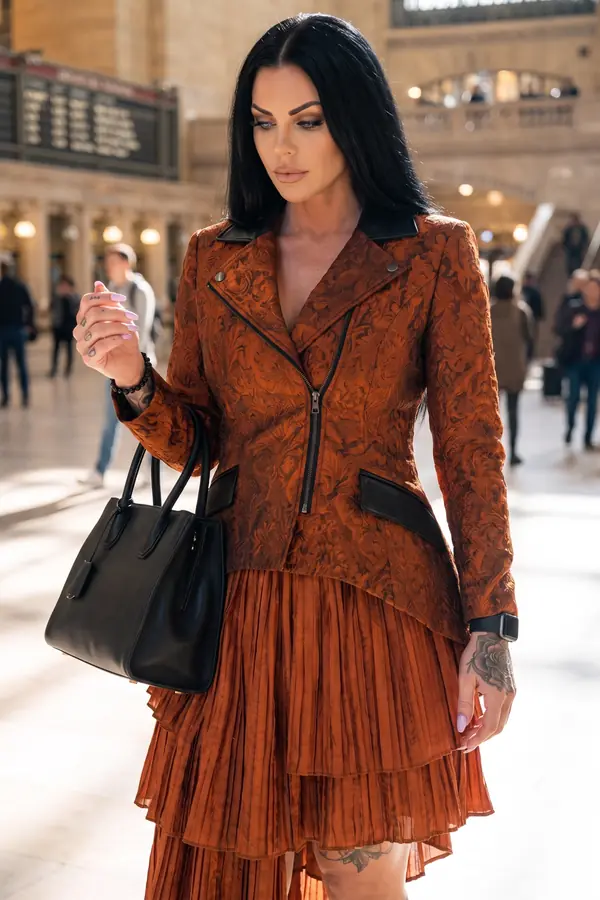 in motion: Rust brocade zip jacket with a tiered pleated skirt