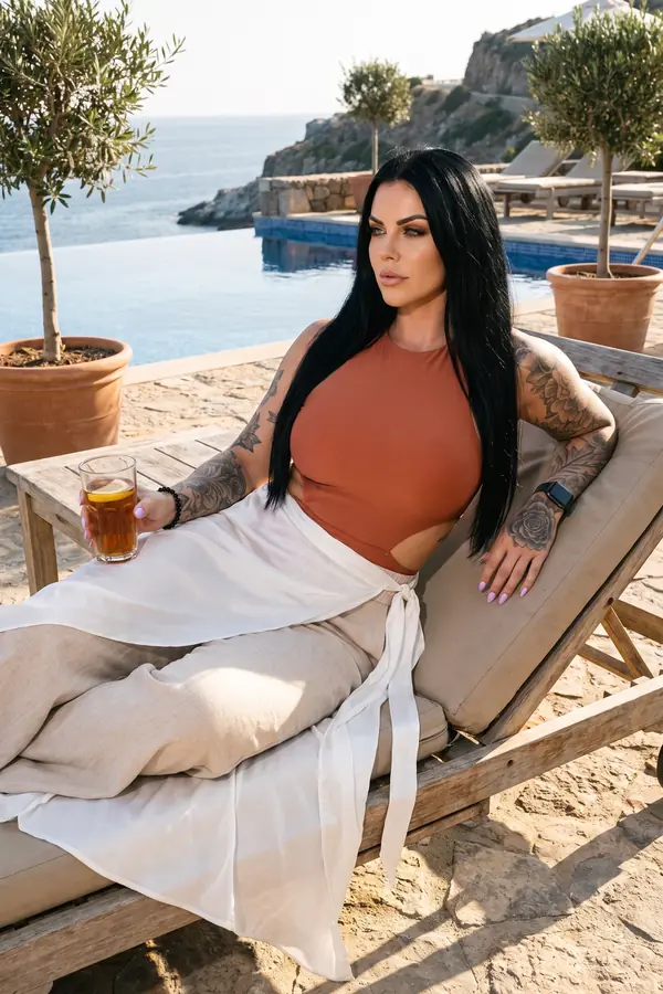 Woman in a rust cut-out bodysuit, linen trousers and a white wrap skirt on a lounger by a pool above the sea
