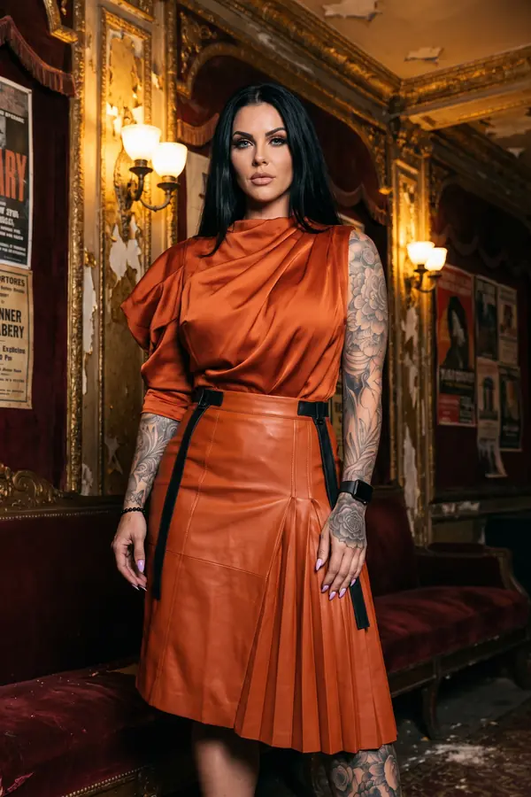 Woman in a rust draped satin top and pleated rust leather midi skirt with black straps in an old theatre foyer