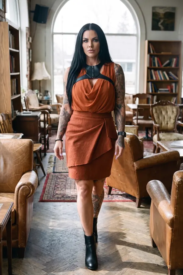 in motion: Rust draped top with leather straps and a wrap mini skirt