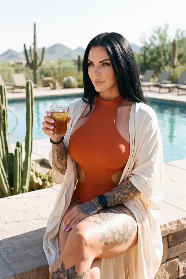 Woman in a rust halter swimsuit and a cream satin kimono seated on a stone wall by a desert pool with iced tea