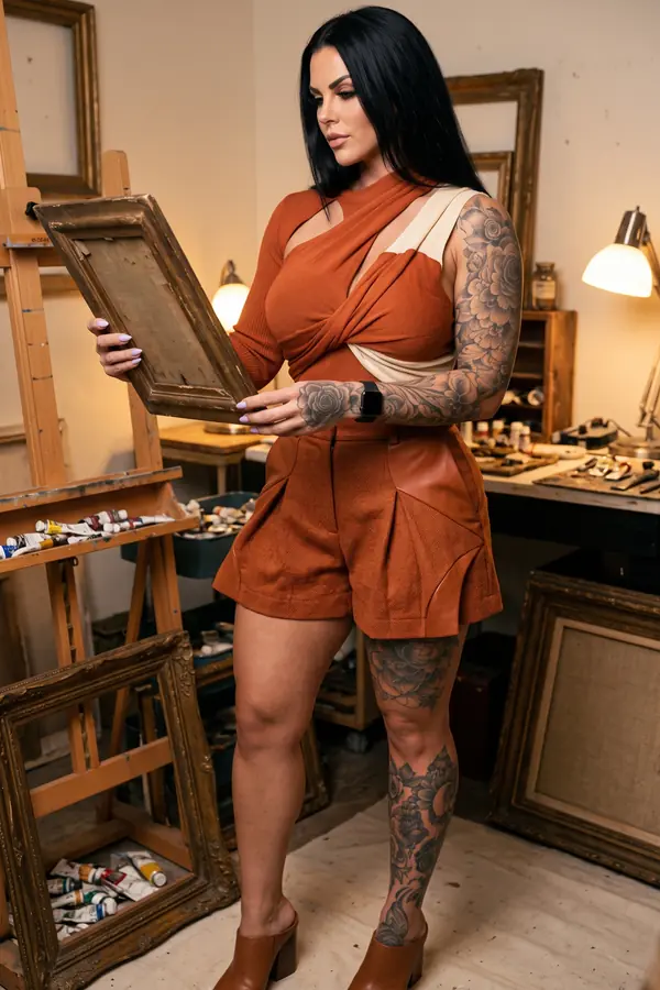Woman holding a picture frame in a rust ribbed knit cut-out top and pleated tweed shorts with leather panels and cognac mules