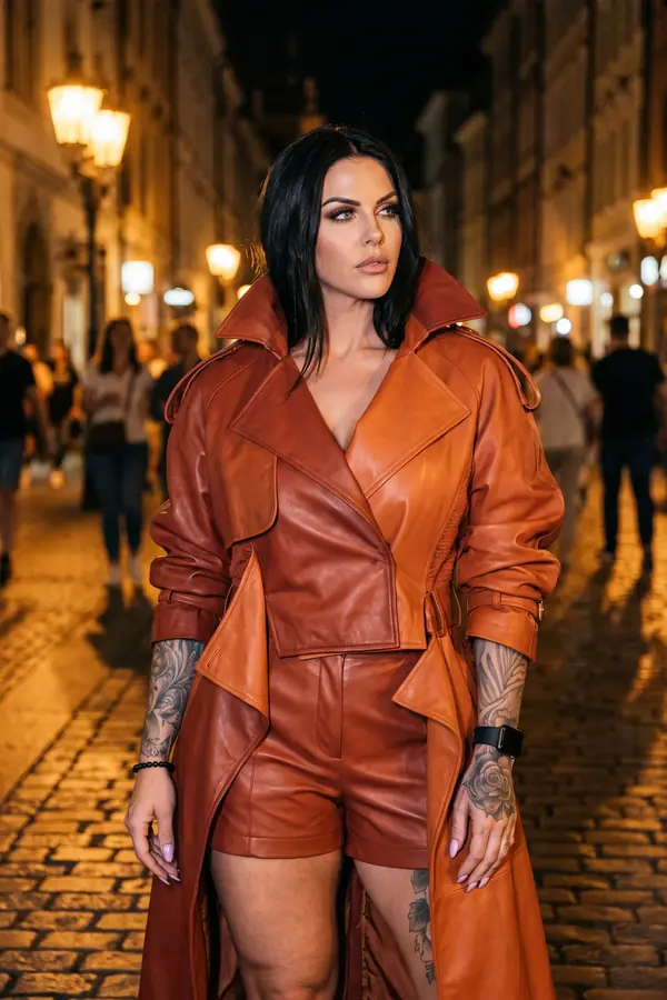 Woman in a long rust leather trench coat with a cropped overlay and matching leather shorts on a cobbled street at night