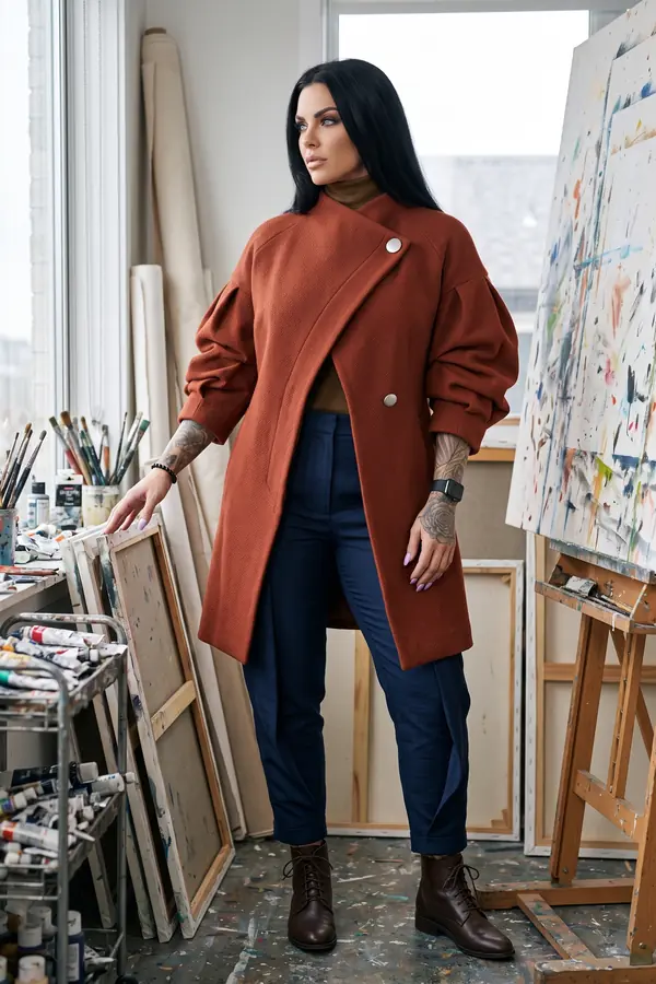 Woman in an oversized rust wool coat with gathered sleeves, navy trousers and brown lace-up boots in a painting studio