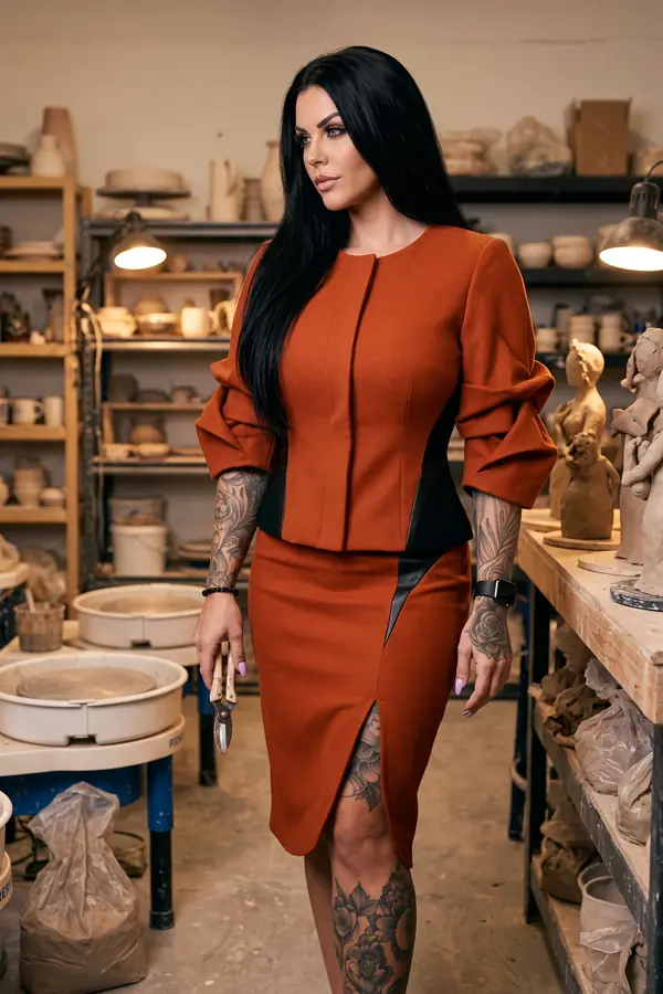 Woman in a rust wool jacket and pencil skirt with black leather panels, holding a tool in a pottery workshop