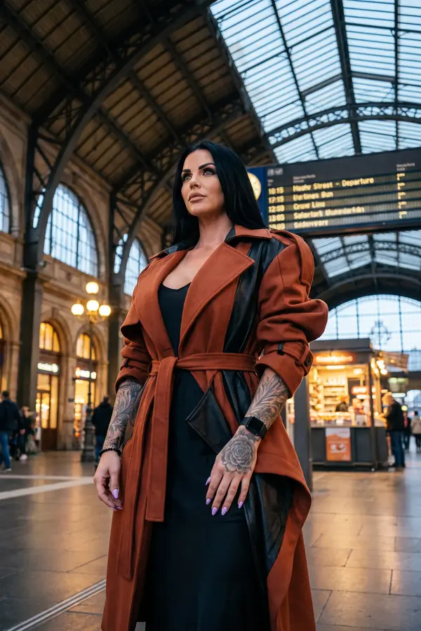 Woman in an oversized rust wool trench coat with black leather panels over a black dress in a glass-roofed station