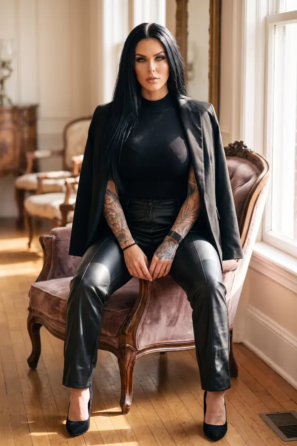 Woman seated on a velvet chair in a black satin bustier, black leather trousers and a black blazer draped over her shoulders
